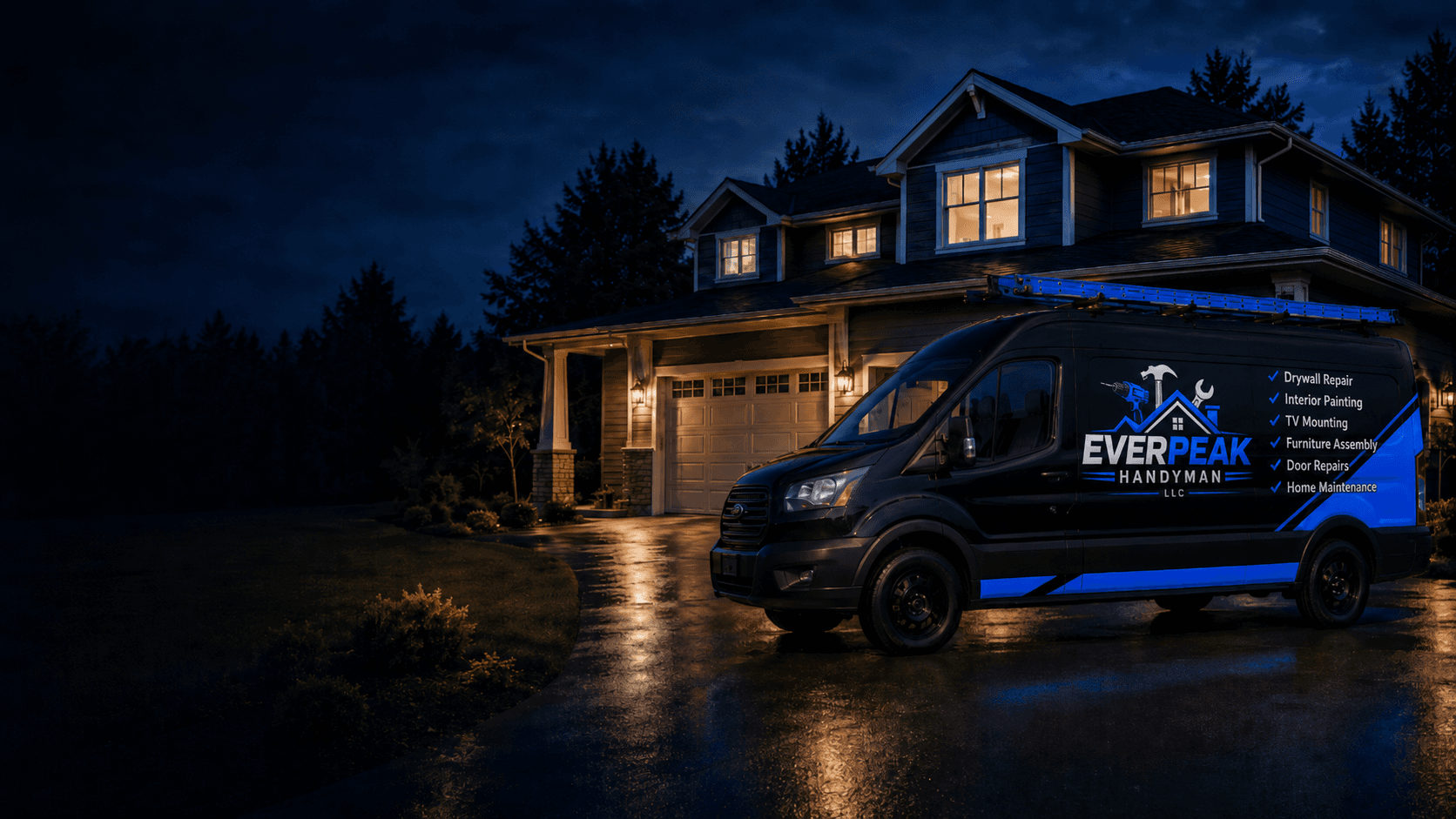 Modern home at dusk with blue accent lighting — EVERPEAK Handyman, Everett WA